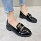 Shiny Small Leather Shoes Women's Wild Thick-heeled Single Shoes British Style Casual Work Shoes Metal Decorative Rubber Sole