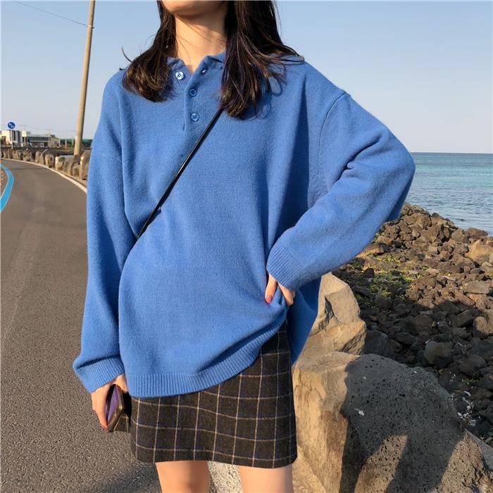 Pofulove Autumn Winter Mid-length Sweater Loose Solid Color POLO Collar Sweater Jacket Female