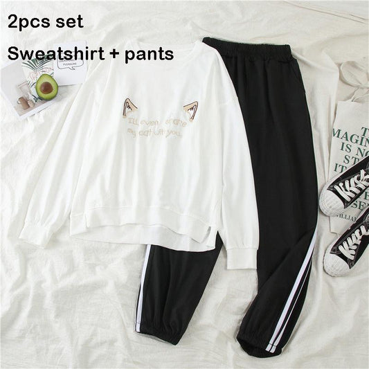 Large Size Spring and Autumn Women's 2pcs Set Wild Long-sleeved Casual Sweatshirt Set