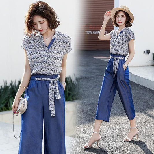 Women's Suit Pants Loose and Thin Casual Clothes Mature Two-piece Suit V-neck Short-sleeved Shirt + Loose Straight-leg Pants Elegant Temperament