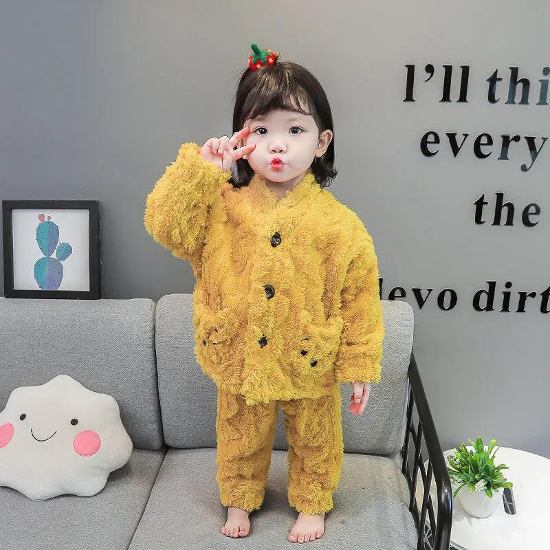 Children's Autumn and Winter Pajamas Girls' Flannel Little Girl Baby Winter Plush Thickened Home Clothes Warm Suit