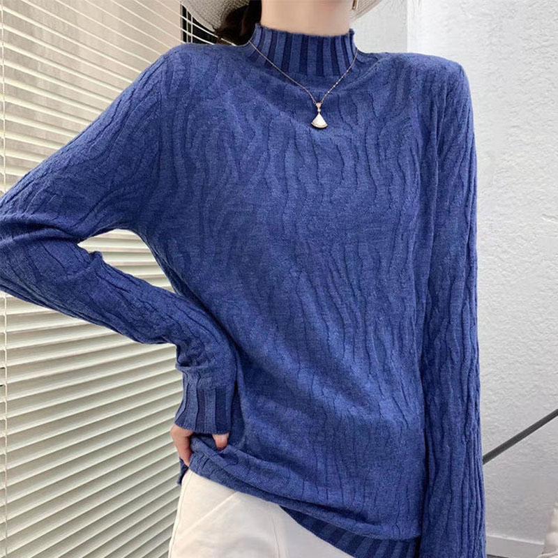 Autumn Winter Women Stretch Pleated Slim Knit Sweater All-match Thin Bottoming Shirt Top High Neck Pullover Jumper