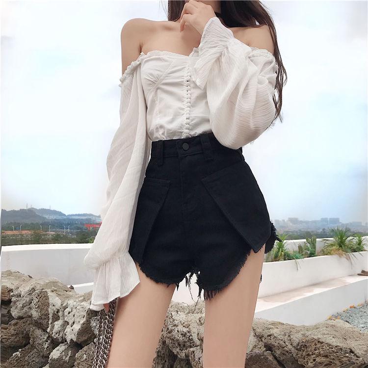 WTEMPO Summer Big Pocket Denim Shorts Women High Waist Fashion Irregular Rough Edge A-line Wide-leg Pants