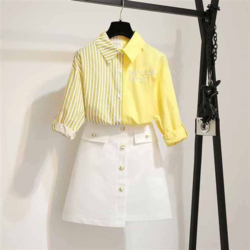 Women Blue Long Sleeve Striped Shirt+White Sexy Skirt 2pcs Office Lady Shirt Skirt Suit