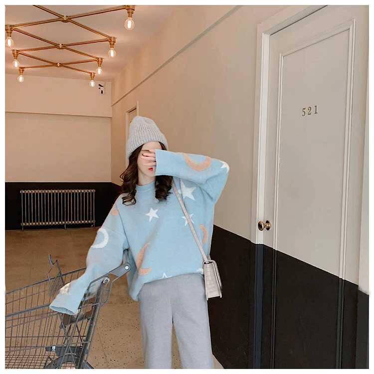 Stars and Moon Sweater Women Winter Loose Round Neck Long Sleeved Pullover Knitted Sweater