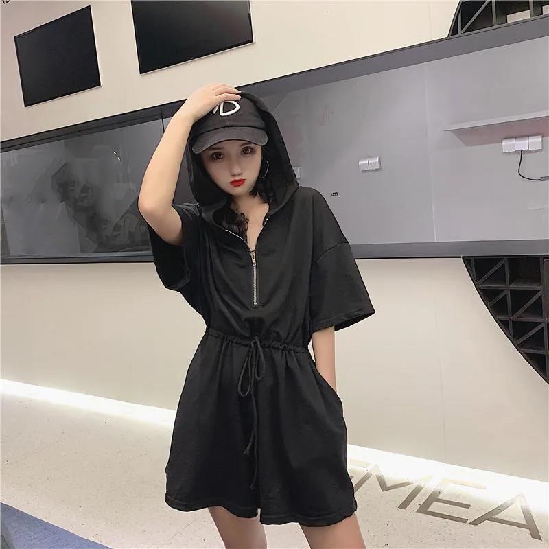 WTEMPO Sportswear Women Summer Loose Hooded Waist Casual Big Pocket Zipper Student Jumpsuit