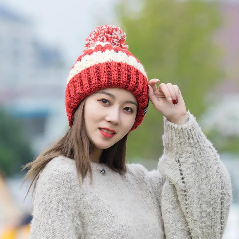 Winter Ladies Hat Korean Tie-dye Wool Ball Knitted Hat Women's Plus Velvet Thick Warm Woolen Yarn