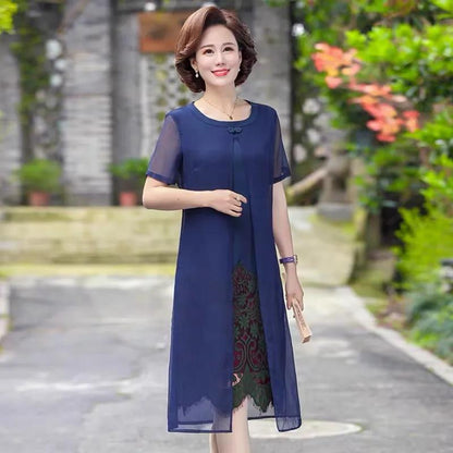 Chiffon Lace Dress Mid Length Ladies Loose Large Size Short Sleeve Skirt