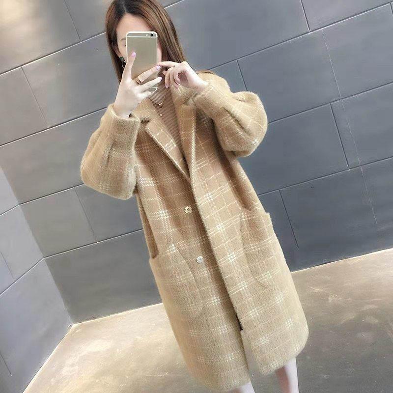 Spring and Autumn Mid-length Plaid Imitation Mink Velvet Coat Women Loose Thick Knit Sweater Coat Women