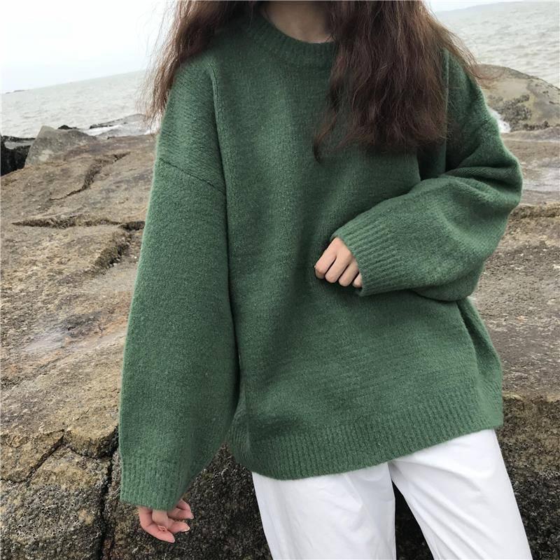 Pofulove Autumn Winter Lazy Pullover Round Neck Sweater Women Korean Loose Base Sweater Coat