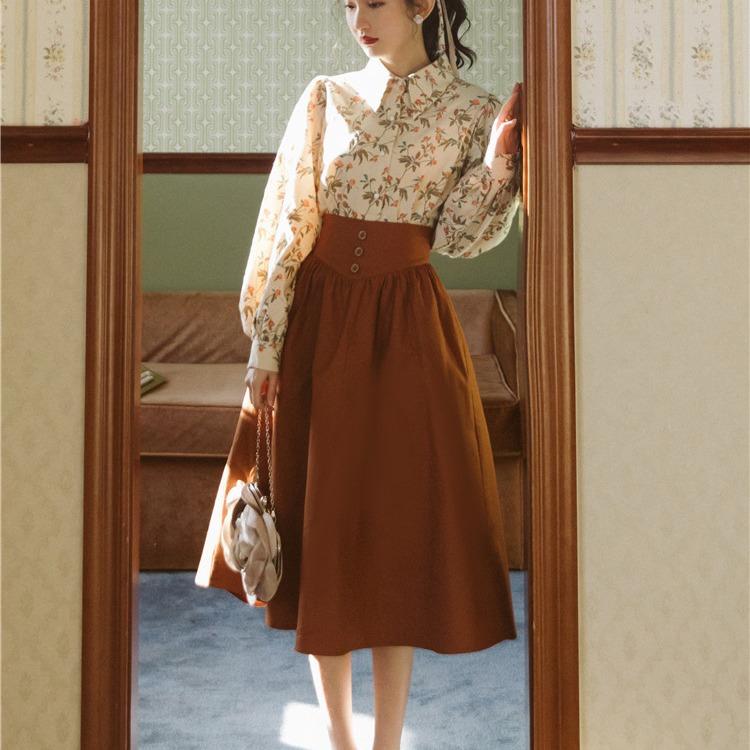 Vintage Set Long Sleeve Lapel Chiffon Printed Shirt Top Blouse + High Waist Skirt Outfits 2 Piece Set Lady Elegant Chic Skirt Suits