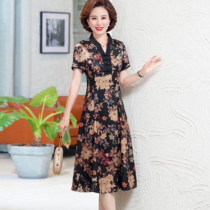 Mother Dress Floral Dress Summer Middle-aged and Elderly Women's Cheongsam Style Western Style Skirt Middle-aged Over-the-knee Long Skirt