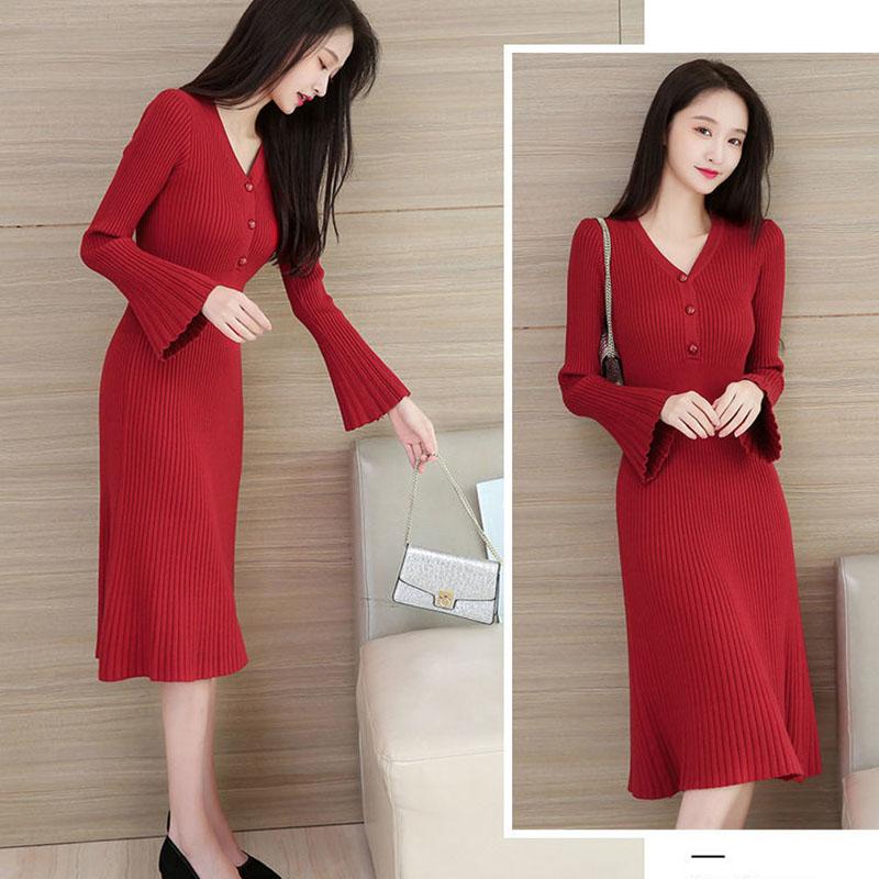 Autumn and Winter V-neck Knitted Dress Thick Flared Sleeve Tight-fitting Base Dress Mid-length Over The Knee Women's Sweater Dress