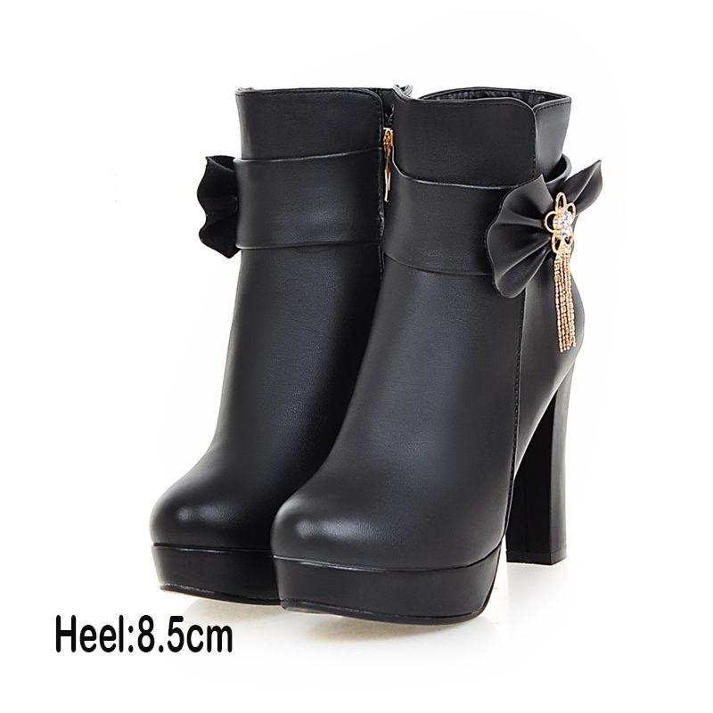 Sweet Ladies Booties Rhinestone Bow Side Zipper High Heel Ankle Boots Female Winter Plush Boots