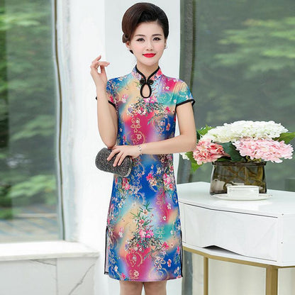 Summer Improved Cheongsam Female Mother Dress Retro Short-sleeved Dress Mid-length Middle-aged and Elderly Printed Cheongsam Dress