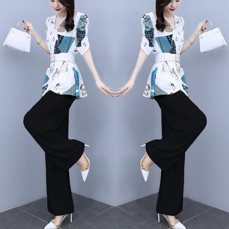 Chiffon Suit Female Temperament Suit Two-piece Suit Waist Slimming Chiffon Shirt Loose Wide-leg Pants Two-piece Suit Ladies Elegant Suit