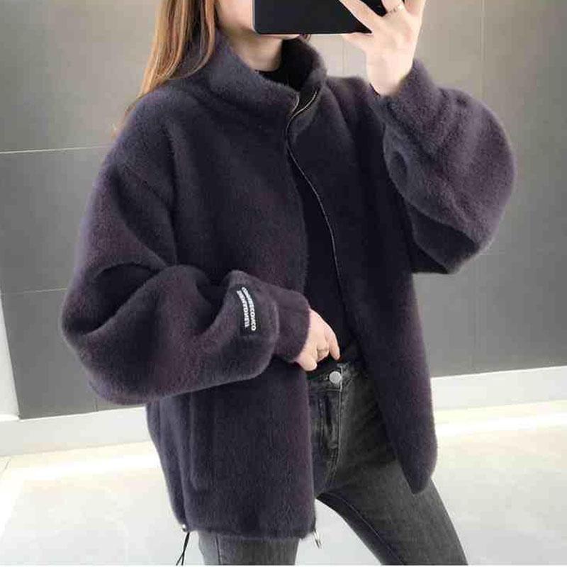 Autumn and Winter Mohair Loose Coat Short Knit Cardigan Tops Solid Color High Neck Women's Coat