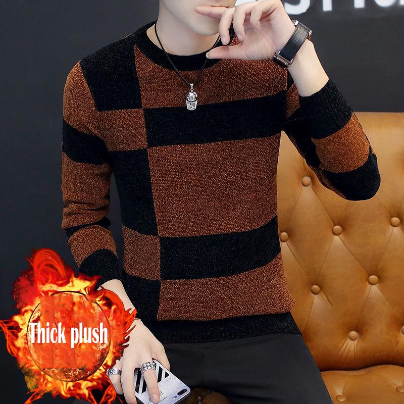 2019 Autumn Winter Warm Pullovers Knitted Striped Male Sweater Men Dress Thick Mens Sweaters Jersey