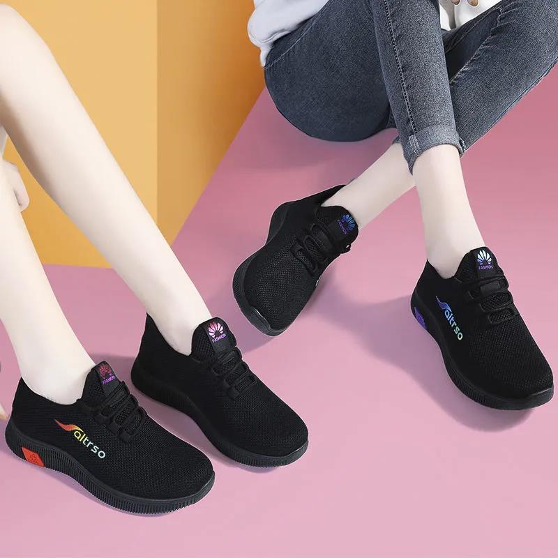 2021 Spring and Autumn Sports Shoes Women's Breathable Mesh Shoes Cloth Shoes Flat Black Travel Shoes