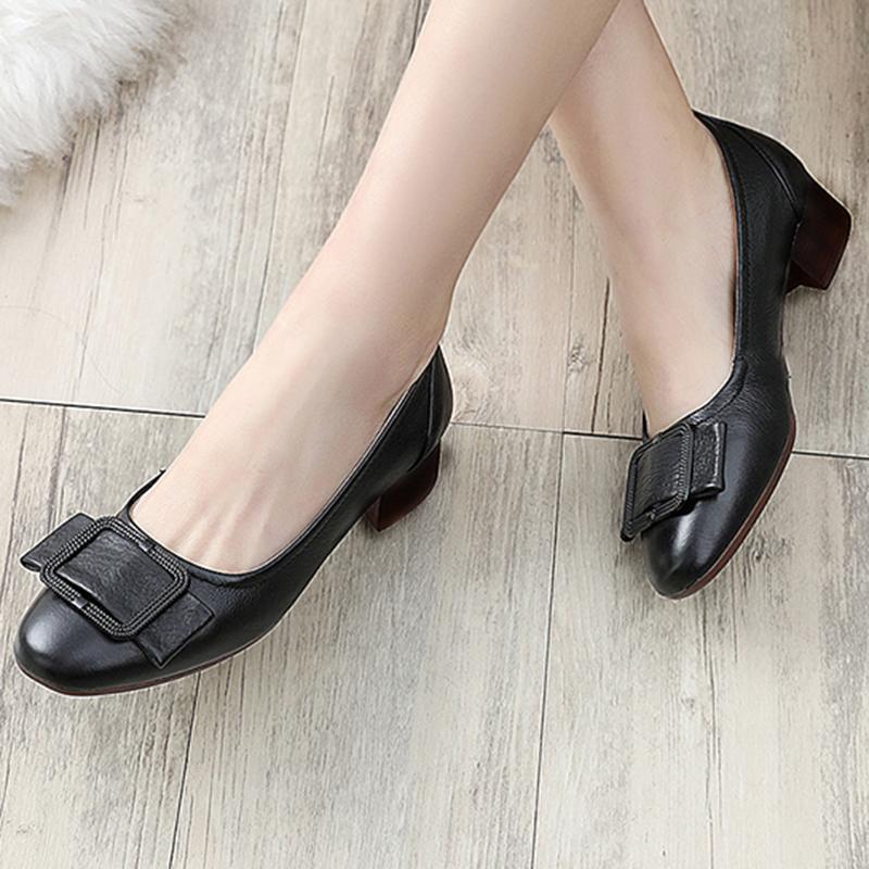 Single Shoes Women's Flat Casual Shoes Women's Thick Heel Soft Sole Comfortable Round Toe Leather Shoes Breathable All-match Women's Leather Shoes