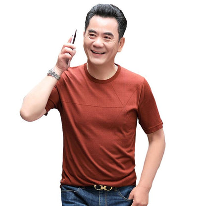 Middle-aged and Elderly Short-sleeved T-shirt Men's Summer Ice Silk Dad Wear Real Pocket Clothes Loose Large Size Thin T