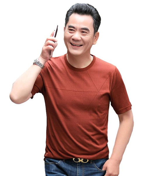 Middle-aged and Elderly Short-sleeved T-shirt Men's Summer Ice Silk Dad Wear Real Pocket Clothes Loose Large Size Thin T