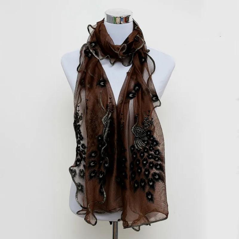 Women's Peacock Embroidery Scarf Bronzing Peacock Silk Scarf Lace Gauze Edging Solid All Match Neck Collar Scarves High Quality Neckerchief Shawls