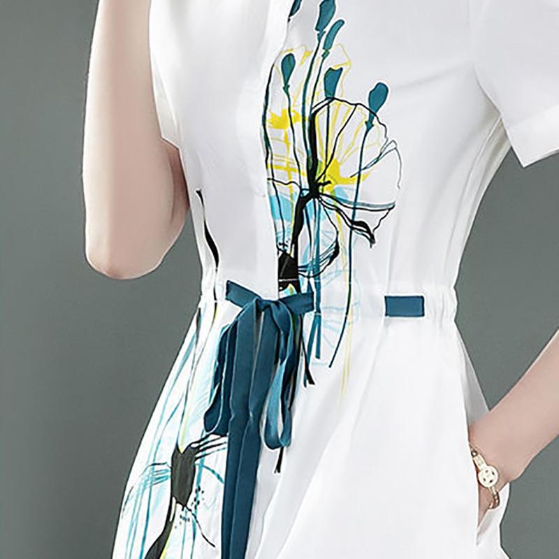 Elegant Temperament Shirt Dress Comfortable Women's Loose Dress with Printed Lapel