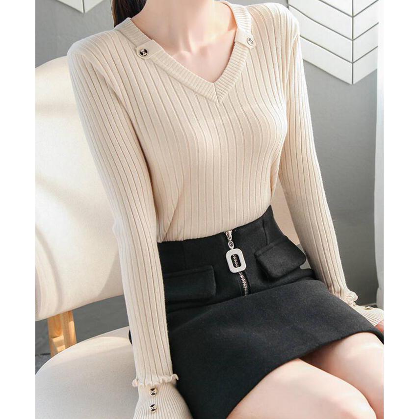 Women  Sweater Solid Slim V-Neck Warm Knitwear Winter Long Sleeve Turtleneck Top