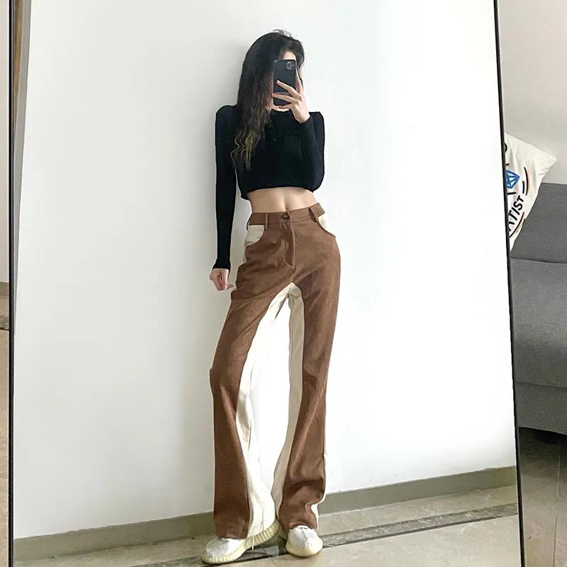 American Retro Wind Strike Color Splicing High Waist Casual Trousers Female Autumn and Winter Loose Straight Jeans Thin Wild