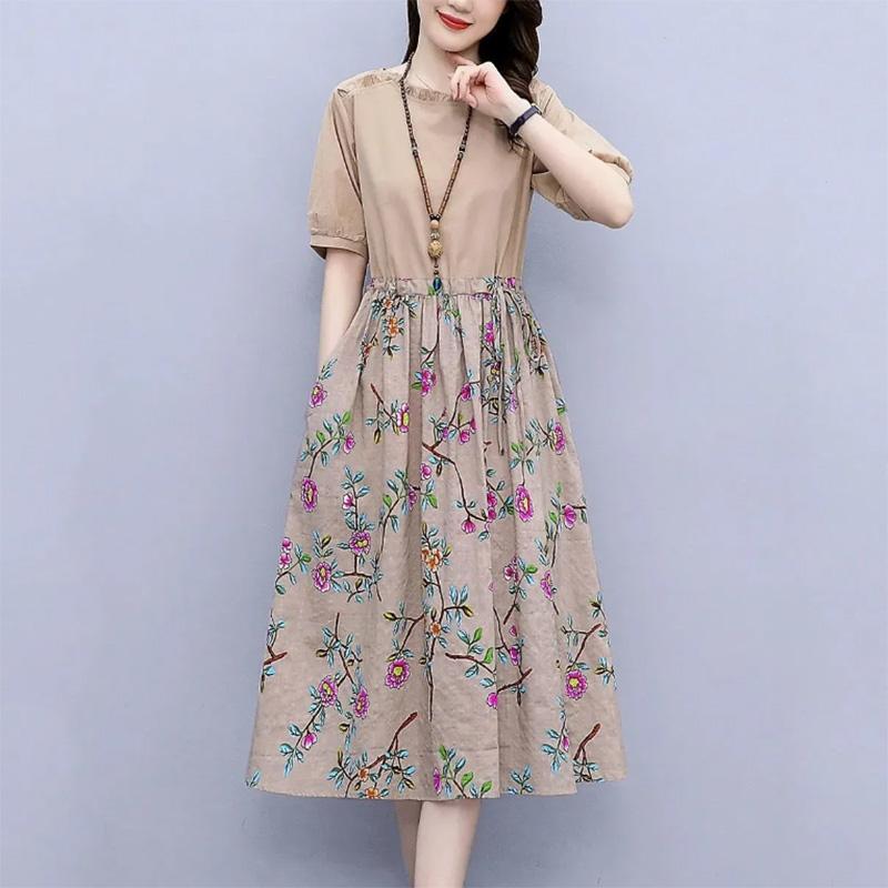 Cotton and Linen Floral Stitching Dress Women's Waist Slimming Temperament Age-reducing Large Size Mid-length A-line Skirt