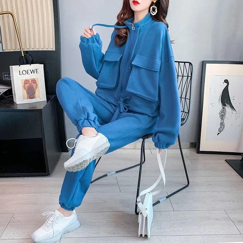 2PCS Women's Autumn Leisure Sports Sweater Suit Two-Piece Zipper Cardigan + Sweatpants Ladies Loose Fitness Clothing