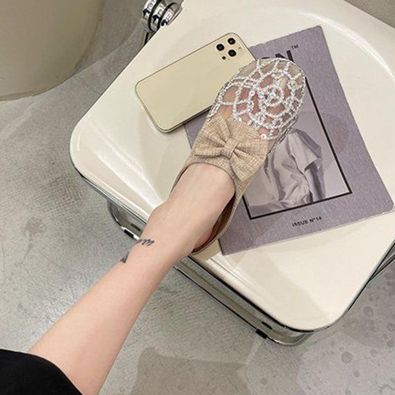 Lace Closed-toe Half Slippers Female Summer Hollow Linen Woven Loafers Lazy Outer Wear Sandals and Slippers