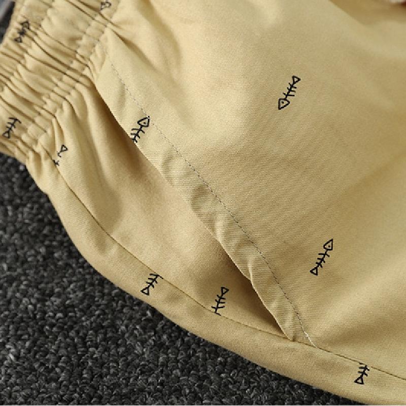 Pure cotton breathable five-point shorts men's summer casual sports shorts outside wearing fish bone print solid color beach pants