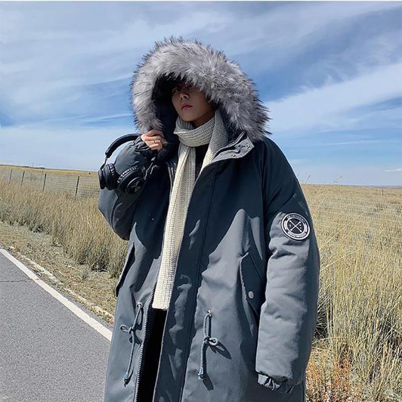 Handsome and Trendy Mid-length Men's Parker Clothing Winter Japanese Loose Thick Large Fur Collar Coat Tide Brand Large Size Wild Cotton Coat