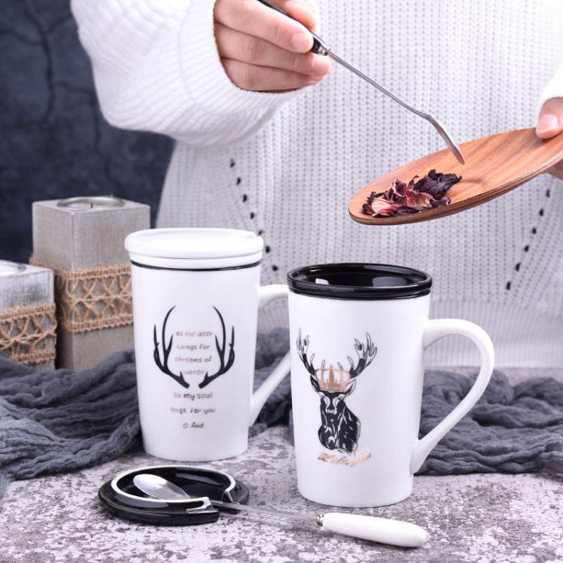 Creative Ceramic Cup Large Capacity Water Cup Mug Couple Simple Milk Cup with Lid and Spoon