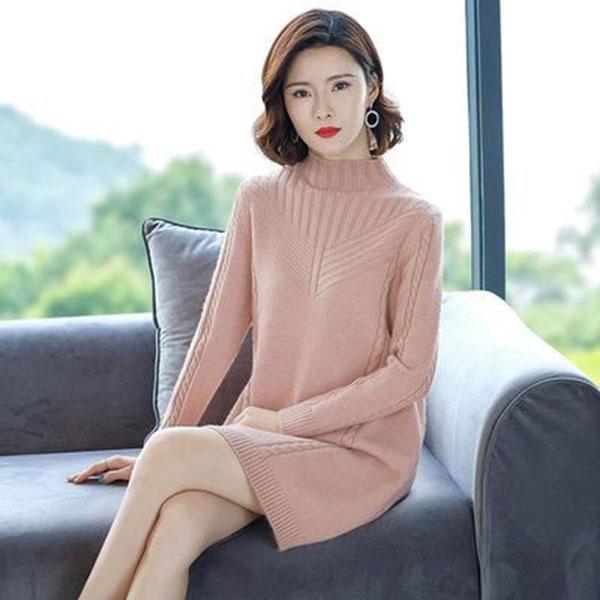 Autumn and Winter Mid-length Sweater Loose Long-sleeved Knitted Bottoming Shirt All-match Half High Collar Dress