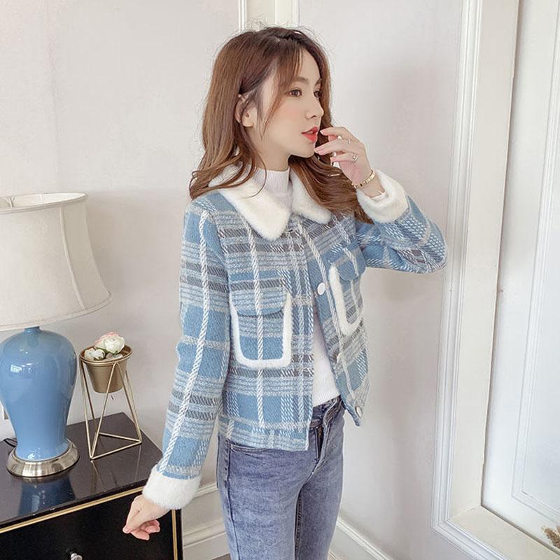 Winter Korean Style Plaid Fur Collar Casual Loose Jacket Women Fashion All-match Straight Short Top