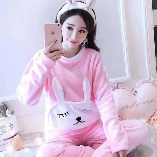 Women's Winter Coral Fleece Pajamas Set Thickened Velvet Sweet Cute Cartoon Printing Flannel Pyjamas Long-sleeved Homewear Suit Round Neck Sleepwear