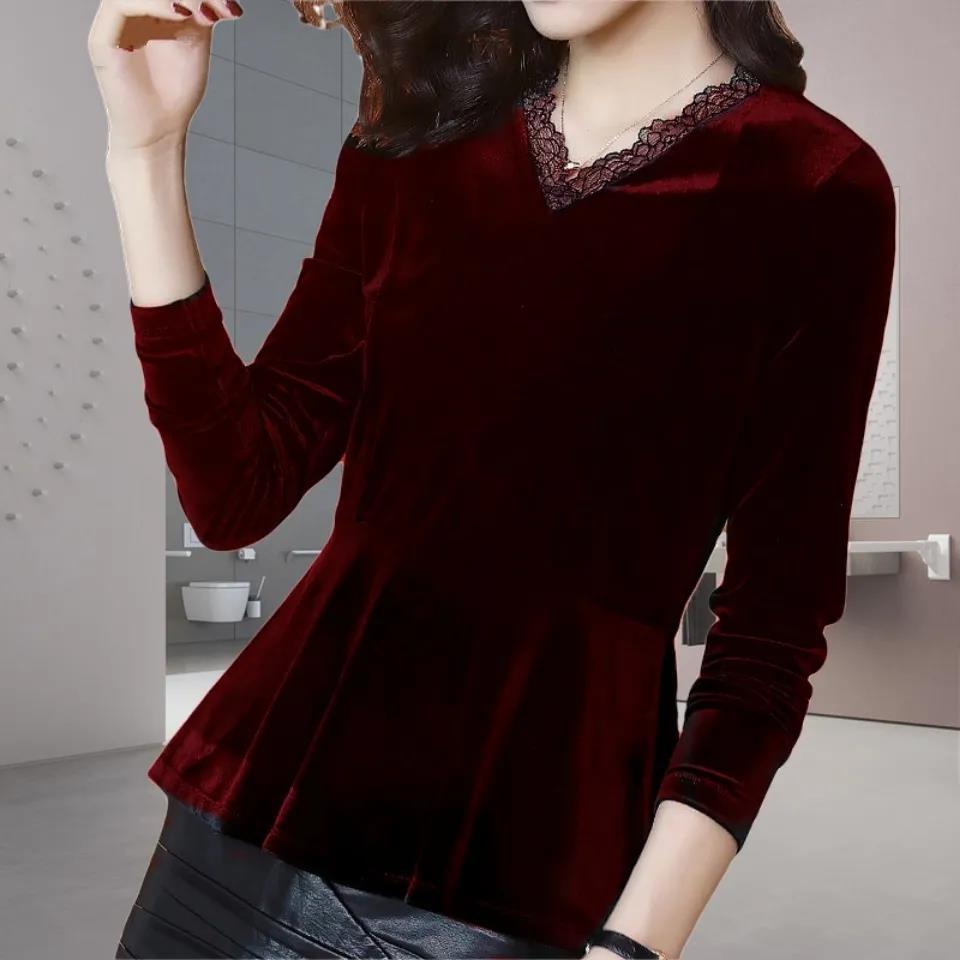 Autumn Spring Lady Blouse Lace V-neck Velvet TShirt Women's Loose Slim Long Sleeve Tops Feminine Pullover