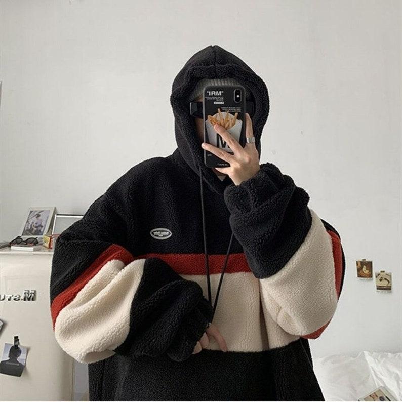 Japan Korea Style Fashion Fleece Hoodies Girl Patchwork Stripe Hooded Sweatshirts Male Loose Coats Student Casual Tops Pullover