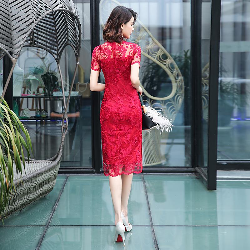 Lace Mid-length Cheongsam Fresh Banquet Performance Dress Slim Slim Solid Color Long Skirt