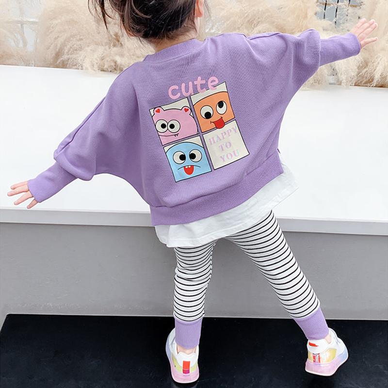 Children's Suit Summer Thin Boys and Girls Casual Wear Printed Cartoon Top Striped Trousers Two Piece Set