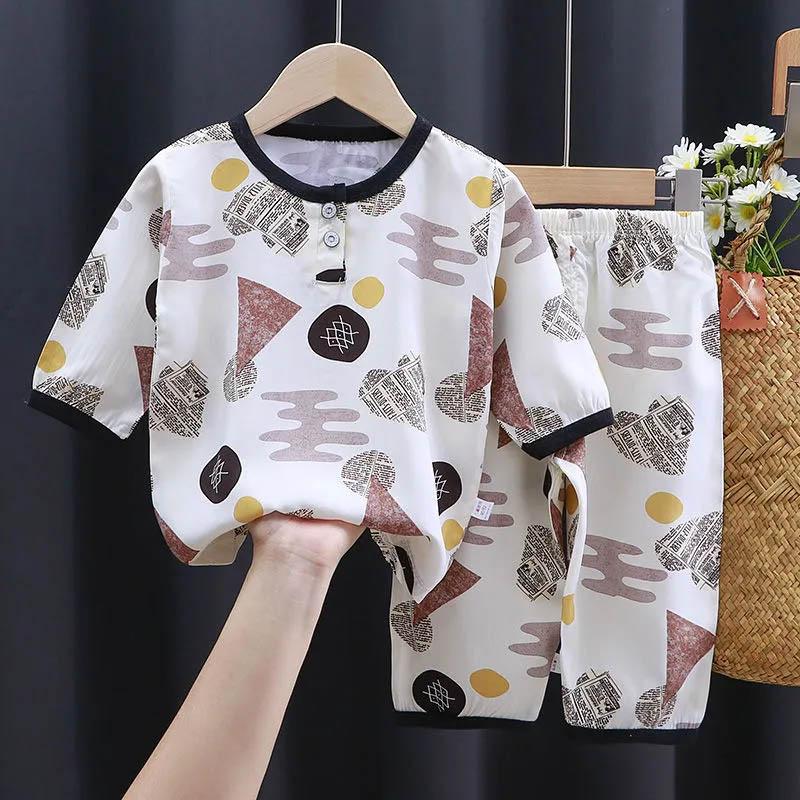 Children's Pajamas Set Thin Boys and Girls Summer Cotton Silk Air-conditioning Clothing Cute Breathable Comfortable Home Clothing