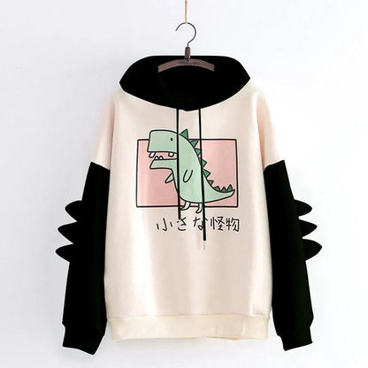 Dinosaur Oversized Cartoon Hoodie Women Sweatshirt Casual Print Korean Style Thicken Sweatshirt Winter Dino Hoodie Tops Cute Warm Sweater