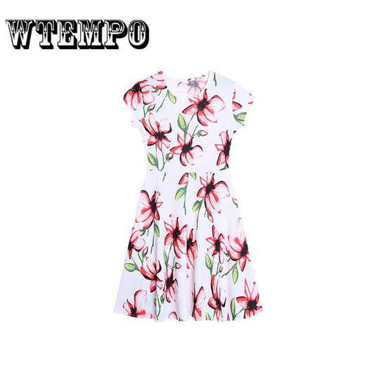 Women A-line Floral Print Midi Slim Elegant Party Vintage Dress Belt