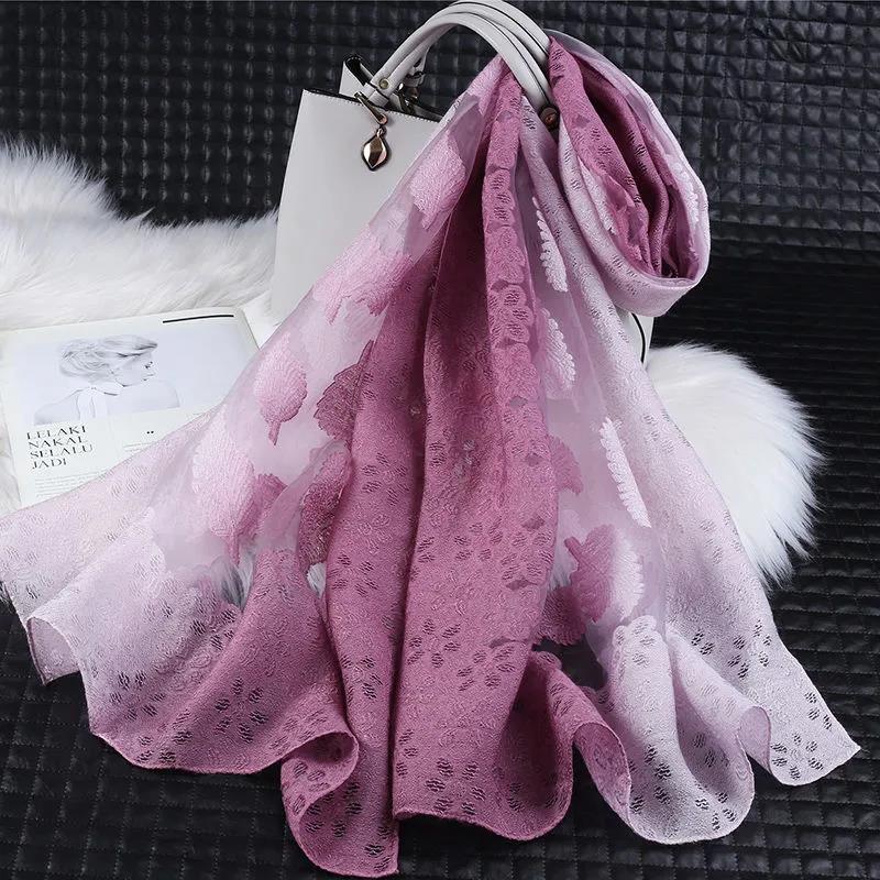 Women's Spring and Summer Two-color Gradient Silk Scarf Hollow Cut Flowers Organza Lace Gauze Scarf Shawl Long 190cm Thin Floral Neckerchief Shawl