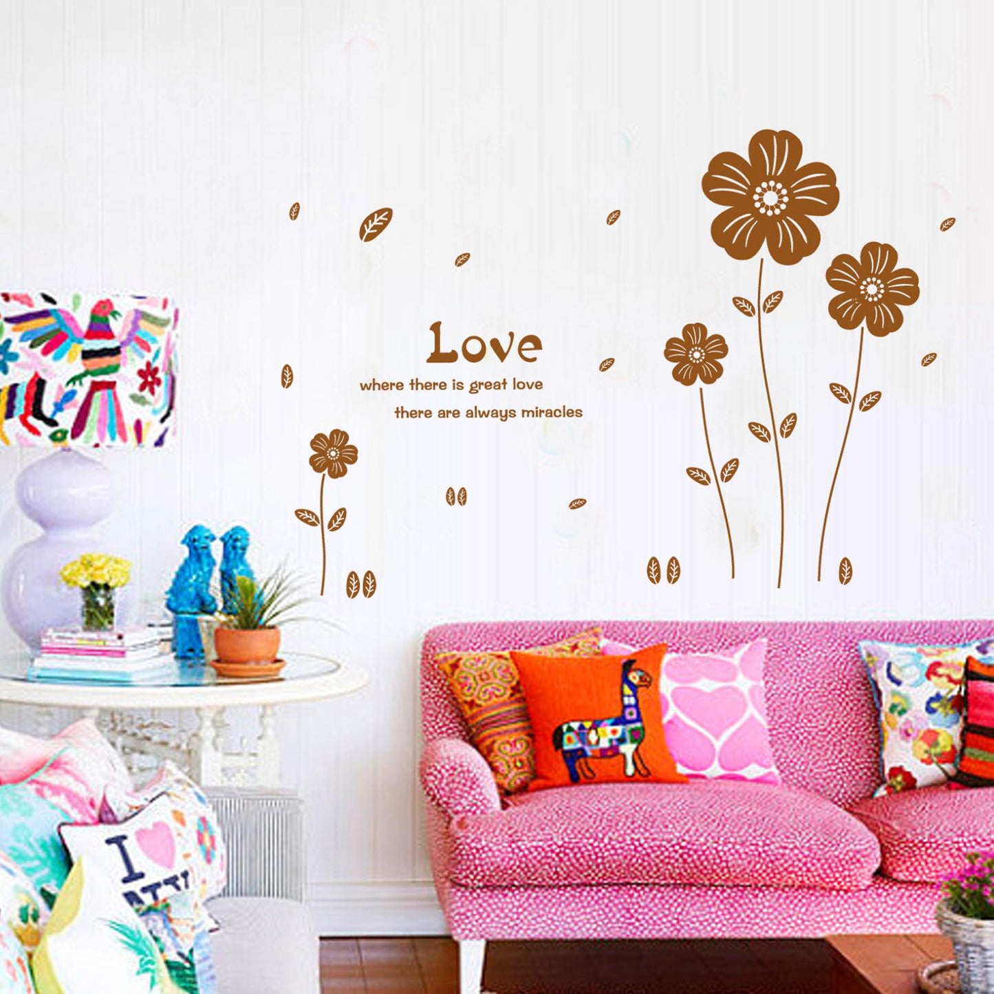 Living room bedroom decorated brown flowers wall stickers sofa TV background romantic love wallpaper