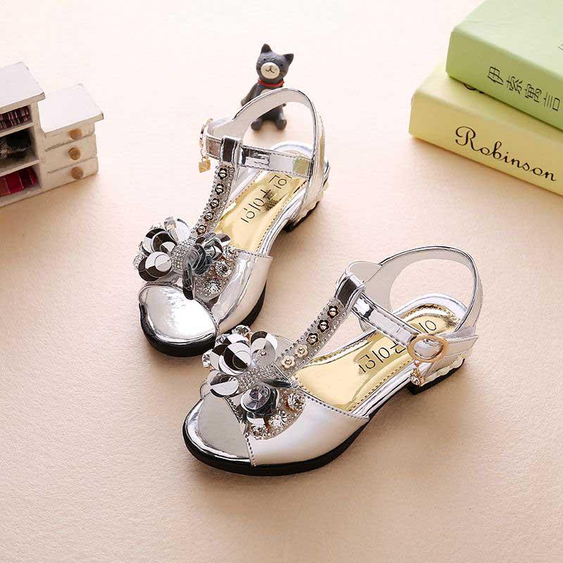 Princess Girls High Heels Flat Sandals Flash Child Girls Bow Leather Shoes Kids Dance Shoes Wear-resistant Non-slip Baby Sandals Size 26-36