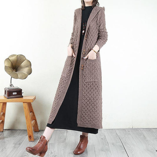 Hooded Sweater Women Loose Jacket Autumn and Winter Long Thick Knitted Cardigan Korean Version of Solid Color Twist Outside